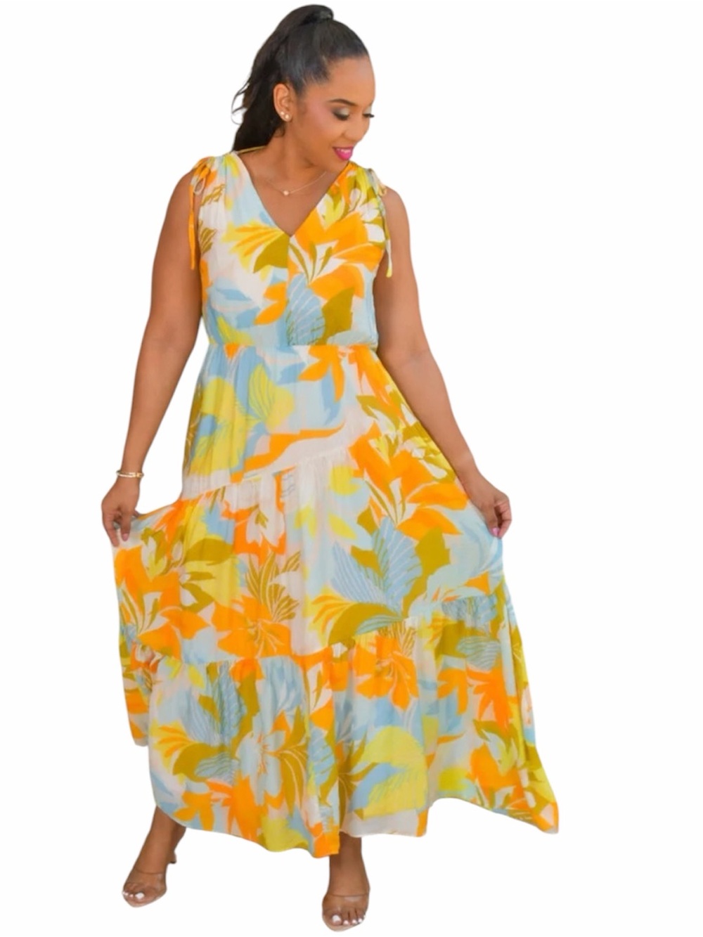 1.STATE Kendia Maxi Dress drawstring shoulders in a yellow floral pattern Size L